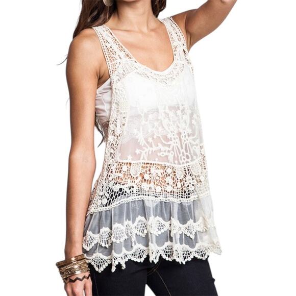 Umgee Tops - Umgee Lace Crochet Open Back Tank Top M/L Boho Tiered Sheer Cream Romantic
